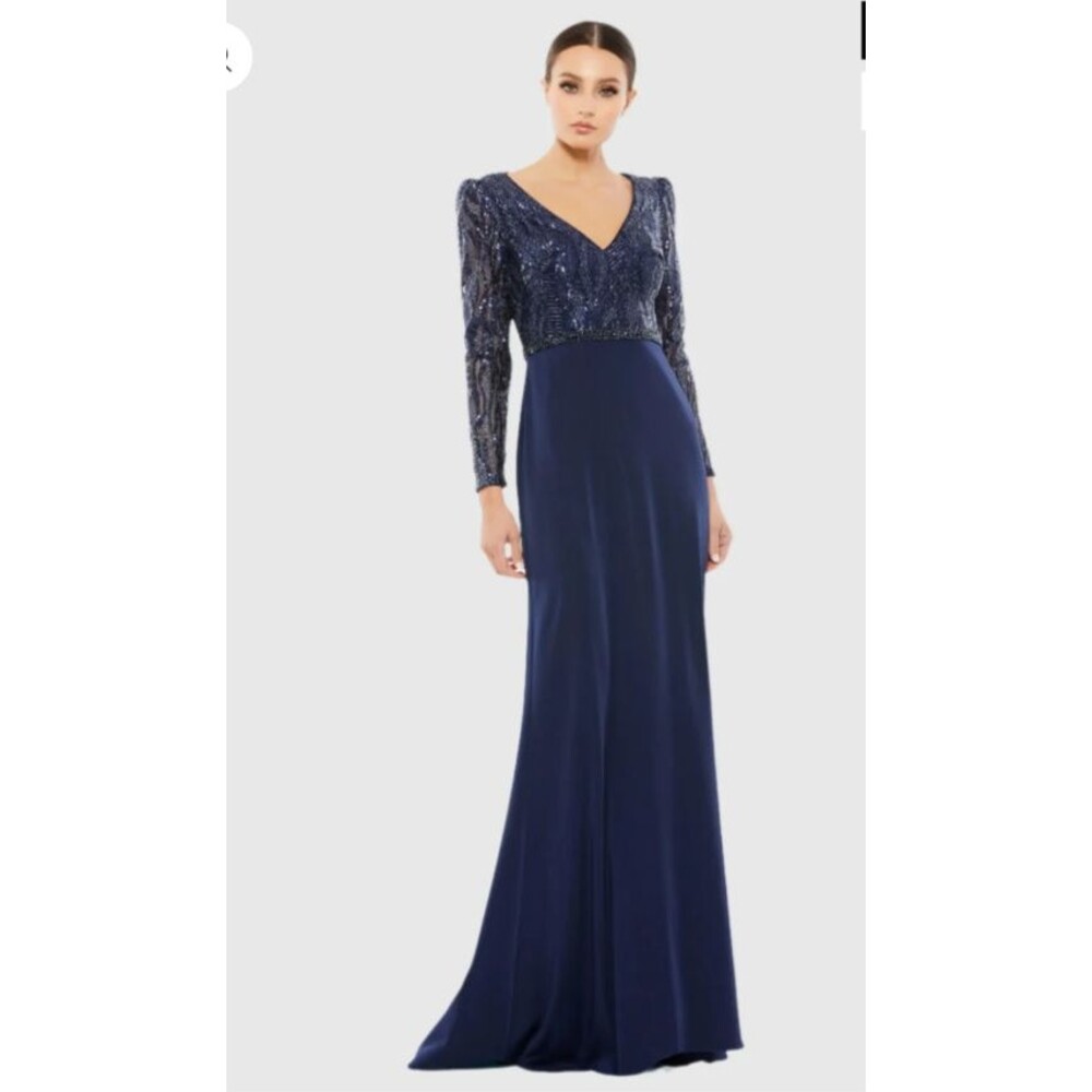 Mac Duggal 67887 V-Neck Long Sleeve Navy Embellished Bodice Column Gown Size 8